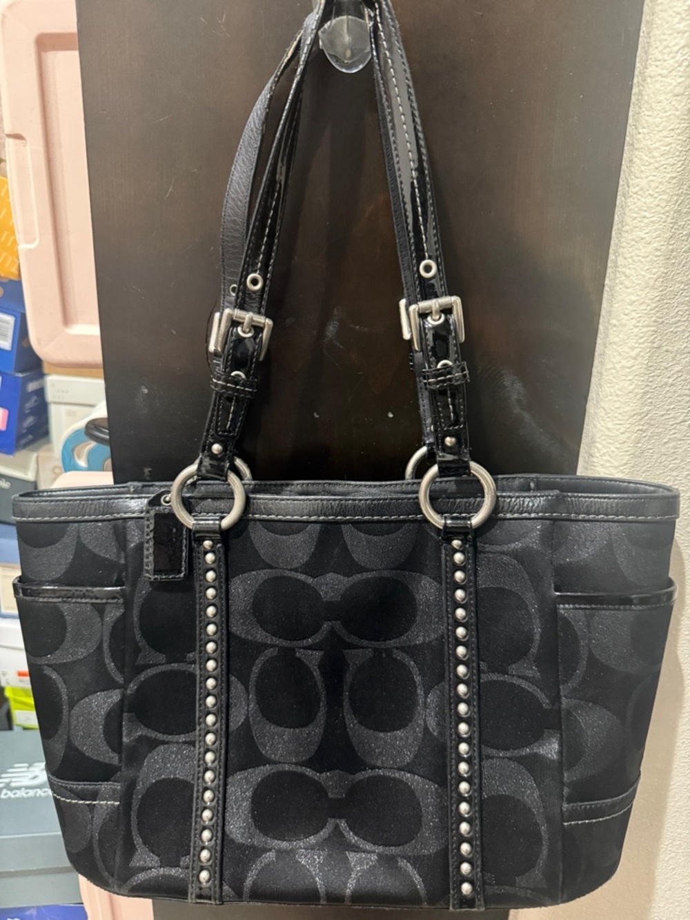 Coach Black Logo-Pattern Tote with Studded Straps